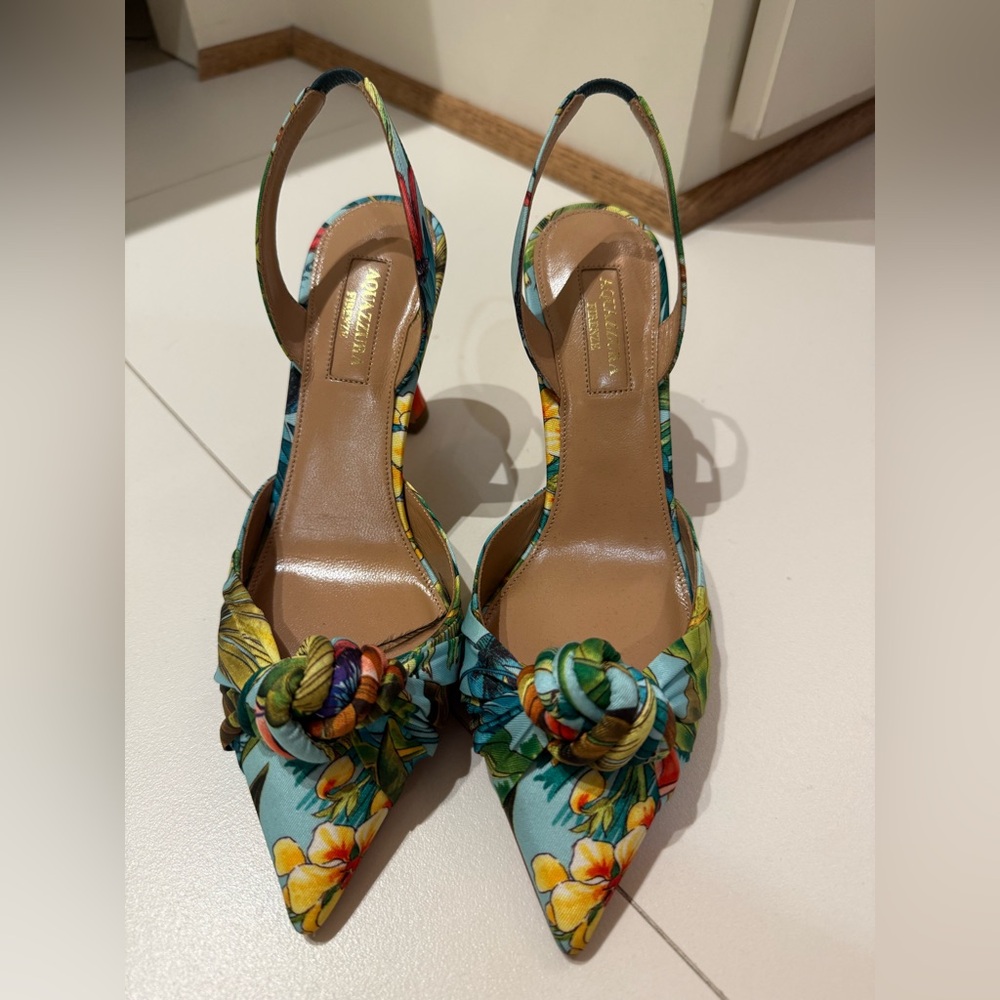 Aquazzura Kiki Slingback Knotted Heels Tropical Flowers - SZ 36.5